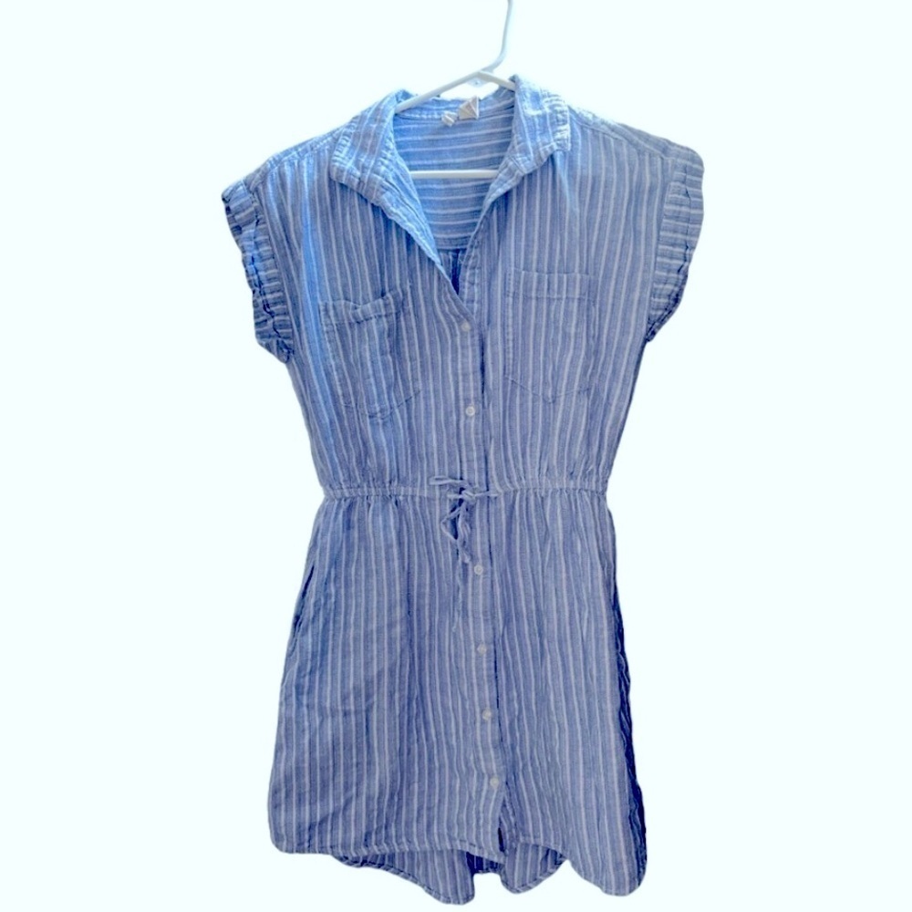 JAPNA handmade short sleeve blue and white pinstriped dress buttondown w pockets